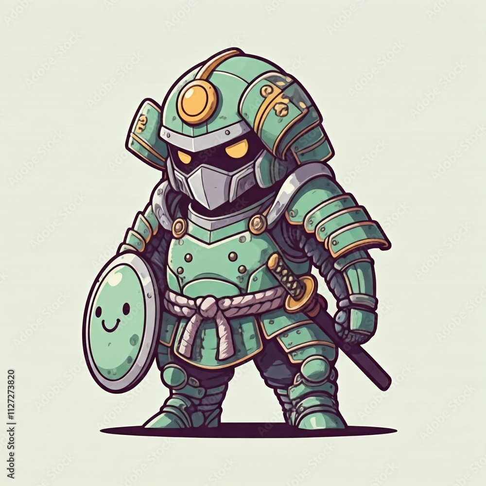 cute chibi robot samurai holding a small round shield in one hand and a katana in the other. The shield has a cute smiley face on it. The robot has a rounded, compact body with pastel armor in shades cute chibi robot samurai holding a small round shield in one hand and a katana in the other. The shield has a cute smiley face on it. The robot has a rounded, compact body with pastel armor in shades
