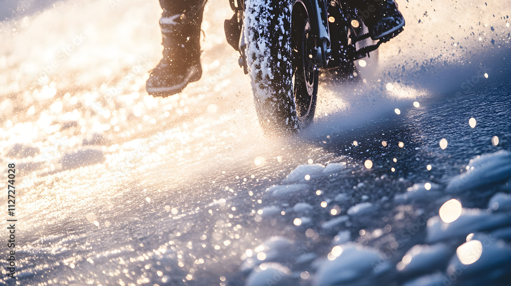 A motorcyclist carving through the icy surface of a frozen lake with shards of ice sparkling in the sunlight.
