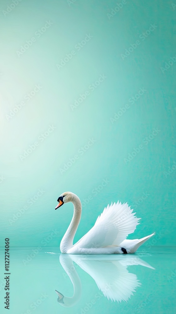 Fototapeta premium A serene swan glides across the calm blue water, creating a perfect reflection. The tranquil scene captures the beauty of nature and the elegance of the swan in its habitat