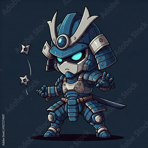 cute chibi robot samurai throwing tiny ninja stars with a determined expression. The robot has a small helmet with a tiny visor and angular armor, colored in shades of blue and silver. The pose is dyn photo