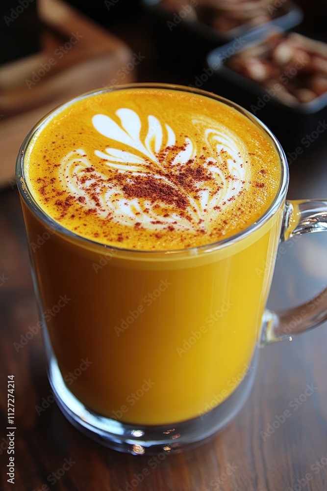 A vibrant yellow drink topped with frothy art and spices in a clear glass mug. A vibrant yellow drink topped with frothy art and spices in a clear glass mug.