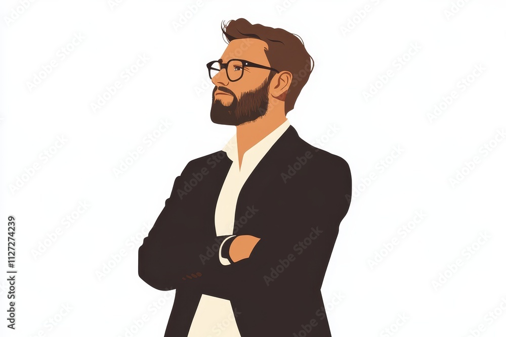 Stylized Illustration of a Confident Bearded Man in a Suit with Glasses on a White Background Stylized Illustration of a Confident Bearded Man in a Suit with Glasses on a White Background