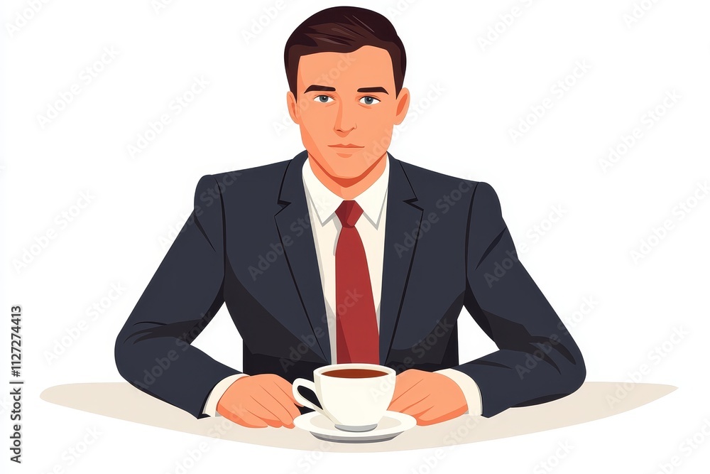 Business Professional in Suit Enjoying Coffee at Desk with Confident Expression and Relaxed Posture Business Professional in Suit Enjoying Coffee at Desk with Confident Expression and Relaxed Posture