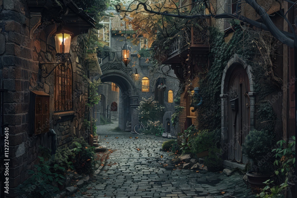 Mysterious cobblestone alley in an ancient village bathed in soft morning light surrounded by weathered stone buildings and lush greenery Mysterious cobblestone alley in an ancient village bathed in soft morning light surrounded by weathered stone buildings and lush greenery