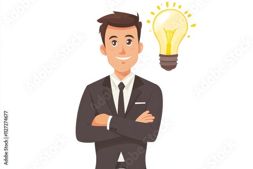 Businessman Cartoon Character with Bright Idea Light Bulb Concept on White Background