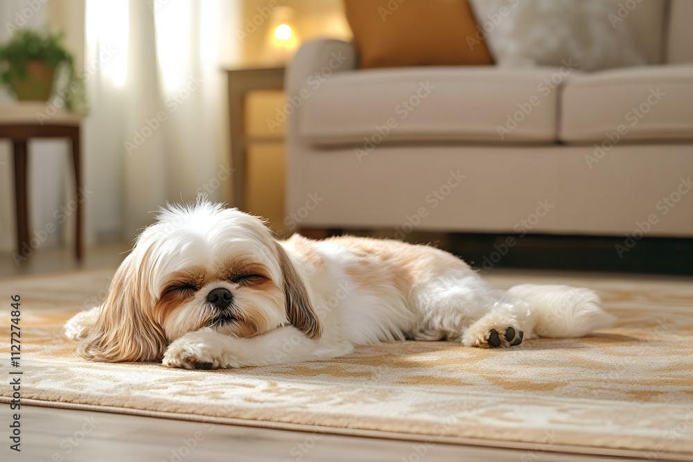Cozy afternoon with a serene dog resting on a soft rug in a warmly lit living room, embodying the essence of tranquility in a stylish home Cozy afternoon with a serene dog resting on a soft rug in a warmly lit living room, embodying the essence of tranquility in a stylish home