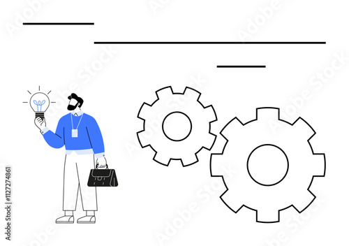 Businessman holding a lightbulb stands beside two large gears. Ideal for innovation, mechanical processes, problem-solving, brainstorming, business solutions, creativity, and teamwork themes. Line