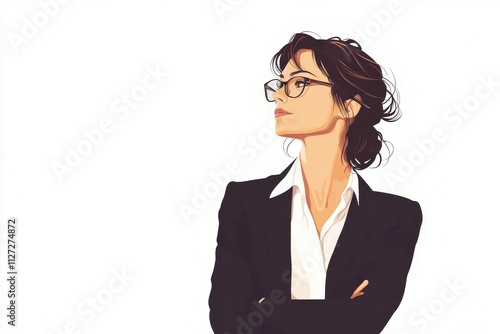 Confident Businesswoman in Glasses and Suit Looking Upward Against White Background