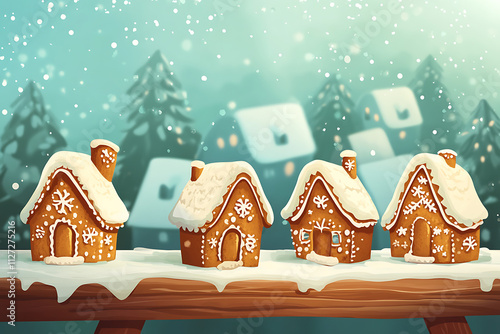 A charming scene of gingerbread houses decorated with icing and snowflakes.