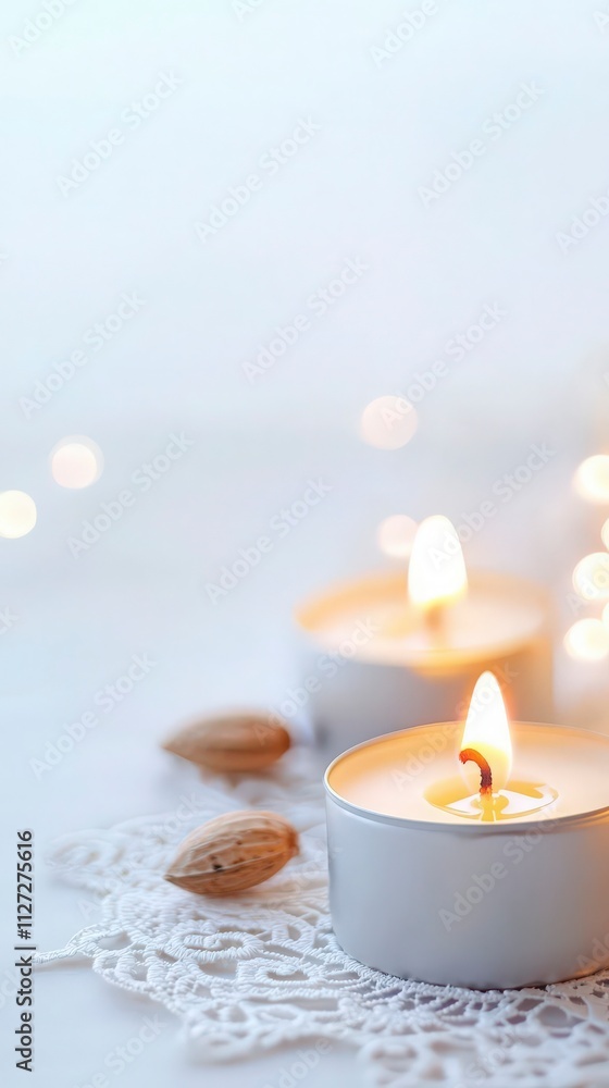 Lit Candles on Lace Doily with Almonds Lit Candles on Lace Doily with Almonds