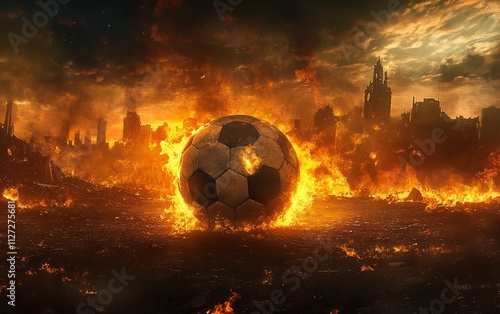 Soccer Ball Burning in a Fiery Post-Apocalyptic Landscape