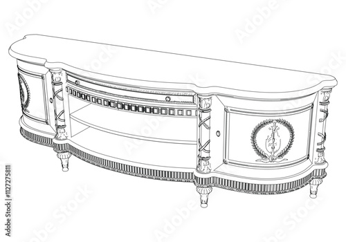 Elegant antique sideboard furniture and home interior decorations in trendy vintage retro style. Modern hand drawn black sketch vector illustrations isolated on white background