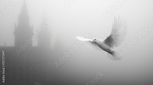 A white bird soaring through a foggy cityscape backdrop