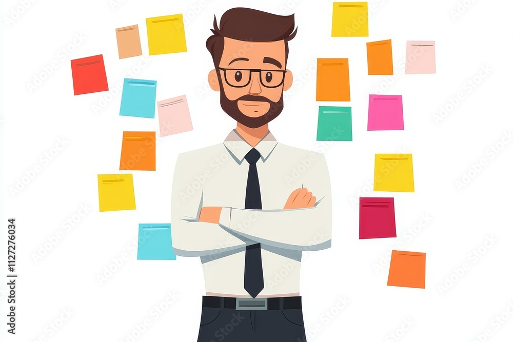 Confident Businessman with Glasses Standing in Front of Colorful Sticky Notes on White Background Confident Businessman with Glasses Standing in Front of Colorful Sticky Notes on White Background