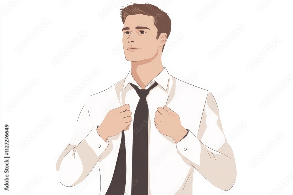 Confident Young Man in Formal Attire Adjusting Tie on White Background Illustration Confident Young Man in Formal Attire Adjusting Tie on White Background Illustration