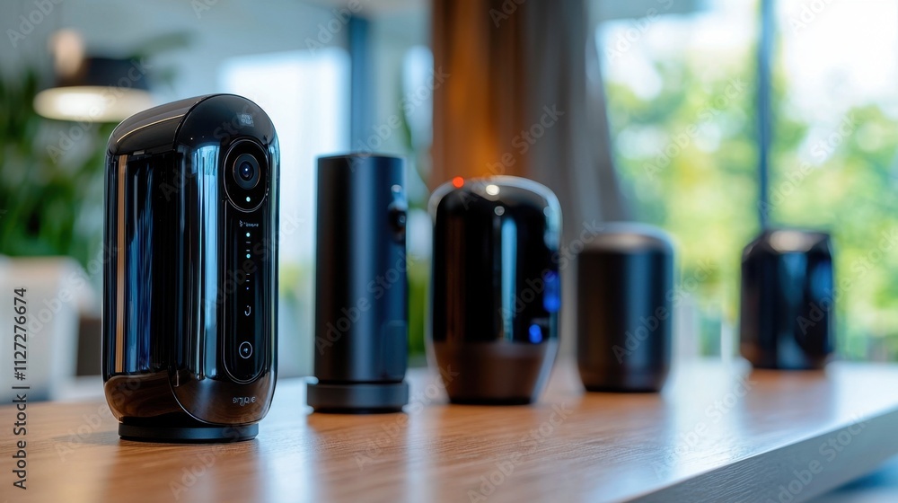 A lineup of innovative smart home cameras is showcased on a wooden table in a bright, modern living space. The devices are sleek, reflecting contemporary design trends A lineup of innovative smart home cameras is showcased on a wooden table in a bright, modern living space. The devices are sleek, reflecting contemporary design trends