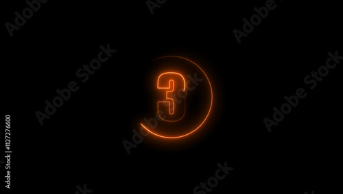 three seconds countdown neon glowing orange color 4k illustration on black background. loading orange color 4k illustration. photo