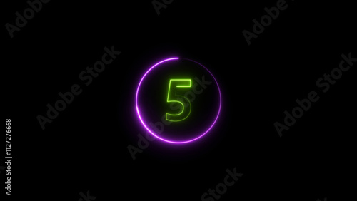 five seconds countdown neon glowing lime green color 4k illustration on black background. loading magenta color 4k illustration.