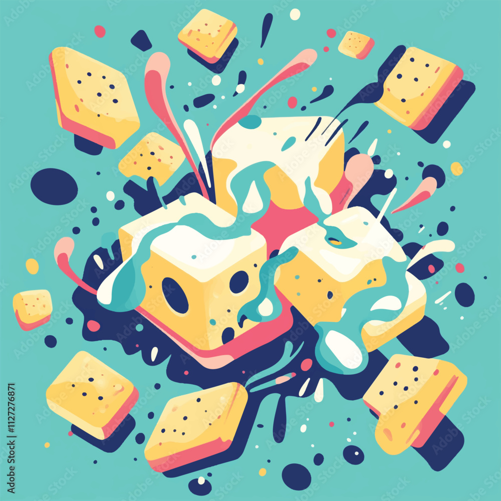 whimsical design featuring cartoon-style cheese cubes, melted swirls, and crackers in a playful, colorful arrangement whimsical design featuring cartoon-style cheese cubes, melted swirls, and crackers in a playful, colorful arrangement