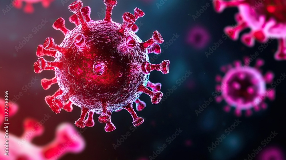 A digitally rendered image of a virus, showcasing intricate details of its structure with pink and red hues against a dark background. A digitally rendered image of a virus, showcasing intricate details of its structure with pink and red hues against a dark background.