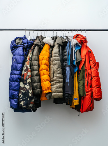Coats hanging on a rack , isolated on white. Winter clothing, upcycled clothes, store or coat drive. Donation. Used coats on a garment rack. Warm winter clothing. Donate coats for unhoused
