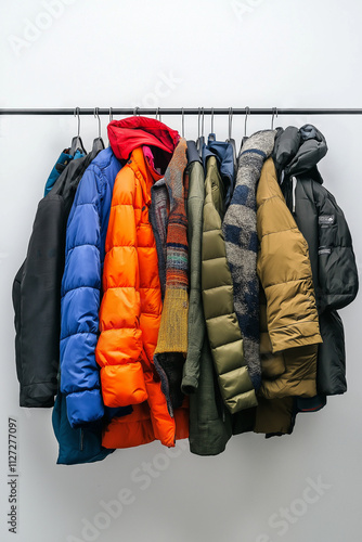 Coats on a garment rack, isolated on white. Warm winter clothing. Donate coats for unhoused, DAV or Goodwill - resale or up cycled coats. Closet design element.