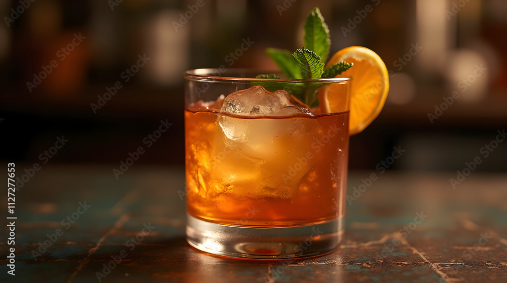 A Refreshing Cocktail Served on a Rustic Bar Counter with Garnishes of Mint and Lemon A Refreshing Cocktail Served on a Rustic Bar Counter with Garnishes of Mint and Lemon