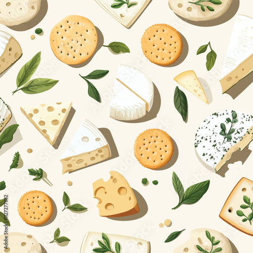 flat illustration of a seamless design of various cheese types--brie, gouda, and parmesan--with herbs and crackers