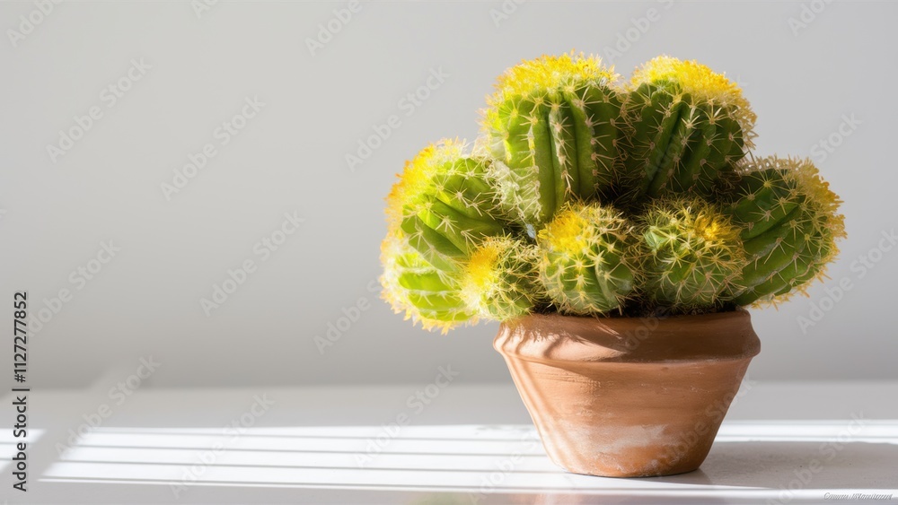 Bright yellow cactus in a terracotta pot on a white background. The cactus is decorated with intricate details, demonstrating its unique structure with spikes. A photo with a place for the text. Bright yellow cactus in a terracotta pot on a white background. The cactus is decorated with intricate details, demonstrating its unique structure with spikes. A photo with a place for the text.