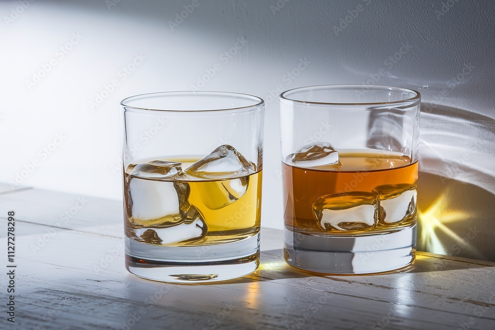 A photo of two glasses of cold whiskey with ice A photo of two glasses of cold whiskey with ice