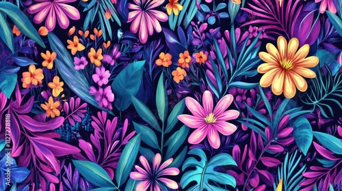 Whimsical Floral and Foliage Designs seamless pattern: Playful Doodles, Geometric Leaves, and Elegant Wildflowers in Bold and Soft Color Palettes. photo