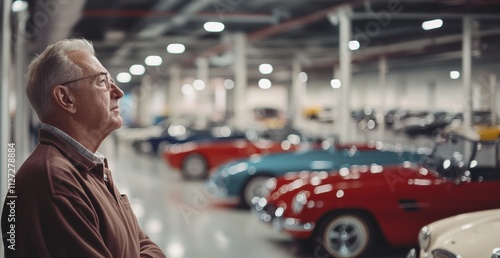 Enthusiast admires classic cars in spacious auto showroom