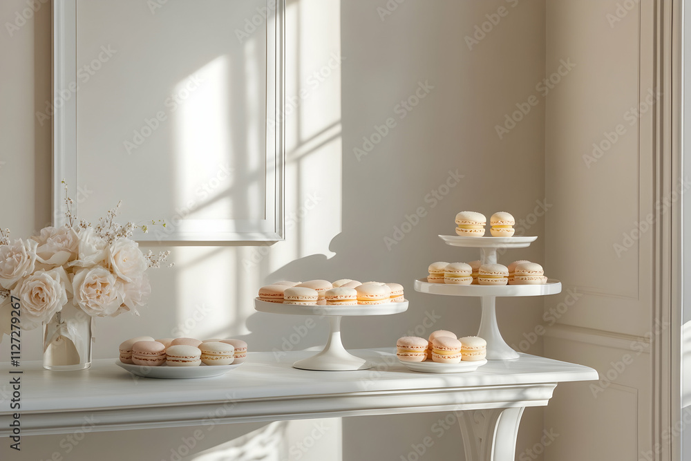Enjoy pastel macarons on elegant white stands, beautifully lit by natural light Enjoy pastel macarons on elegant white stands, beautifully lit by natural light