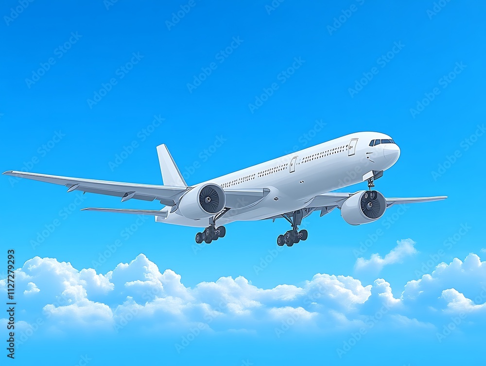 White Airplane Soaring Above Fluffy Clouds In Blue Sky White Airplane Soaring Above Fluffy Clouds In Blue Sky