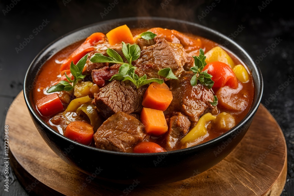 A photo of a bowl of rich, hearty stew filled with chunks of meat, diced vegetables A photo of a bowl of rich, hearty stew filled with chunks of meat, diced vegetables