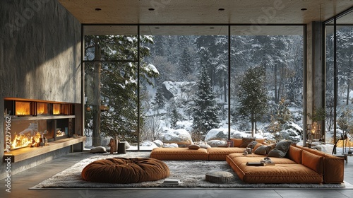 A beautiful room showcasing a winter snow scene, suitable for virtual meetings or online webinars, with a home office interior that includes a large window offering a view of expansive trees, serving