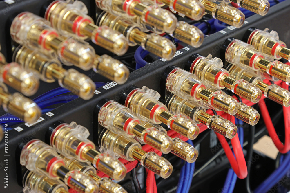 Fototapeta premium Acoustic terminals for connecting speaker systems to audio amplifiers in a telecommunications rack.