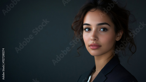 Professional studio portrait of a confident young businesswoman exuding elegance and professionalism against a dark backdrop