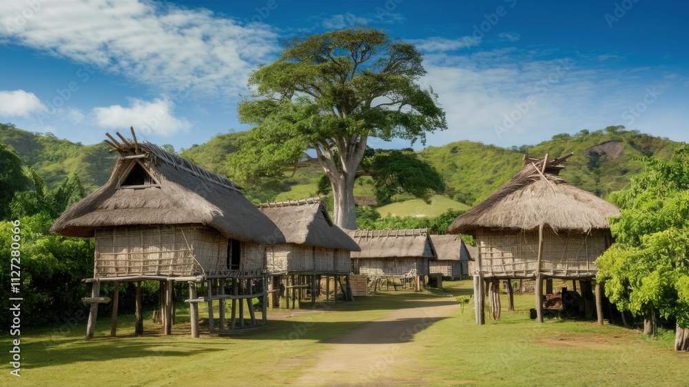 An area with huts with thatched roofs rising on stilts, against a background of green hills and a blue sky with clouds. There is a tall tree in the center, emphasizing the beauty of the landscape. An area with huts with thatched roofs rising on stilts, against a background of green hills and a blue sky with clouds. There is a tall tree in the center, emphasizing the beauty of the landscape.