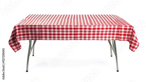 Table with red checkered tablecloth isolated on white background photo