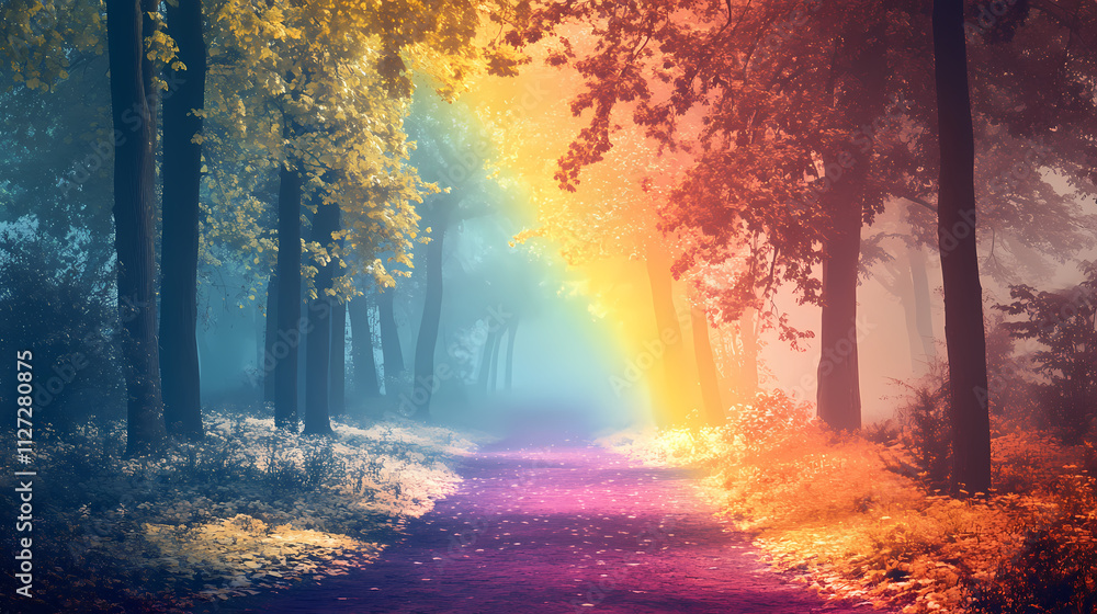 Obraz premium Magical fantasy fairytale forest with rainbow, transporting you whimsical realm. Etherea. Illustration