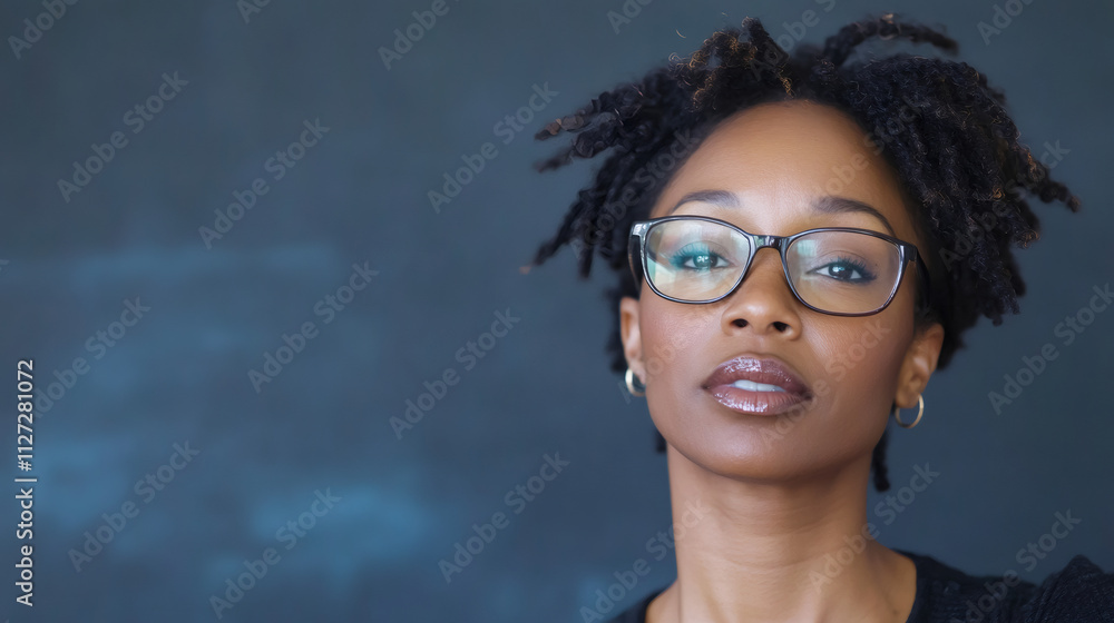 Portrait of a young african american businesswoman wearing glasses posing in a studio with a slate-colored background Portrait of a young african american businesswoman wearing glasses posing in a studio with a slate-colored background