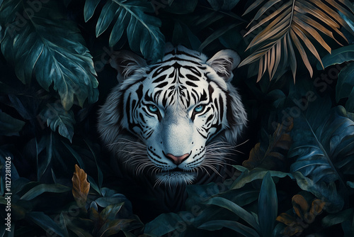 Wallpaper Mural white tiger is staring at the camera in a jungle setting. The painting captures the essence of the wild and the beauty of the animal Torontodigital.ca