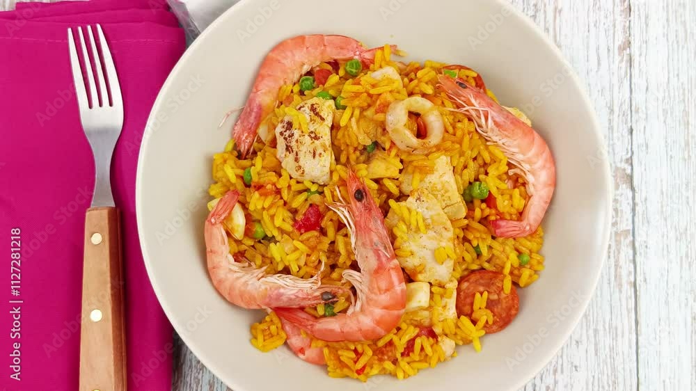 assiette de paella, vue du dessus, en gros plan