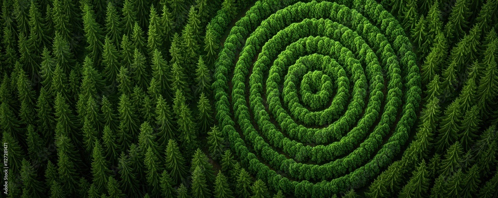 Aerial view of a spiral pattern in a lush green forest. Aerial view of a spiral pattern in a lush green forest.