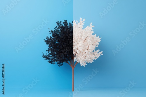 Tree split in half showing black and white sides on blue background