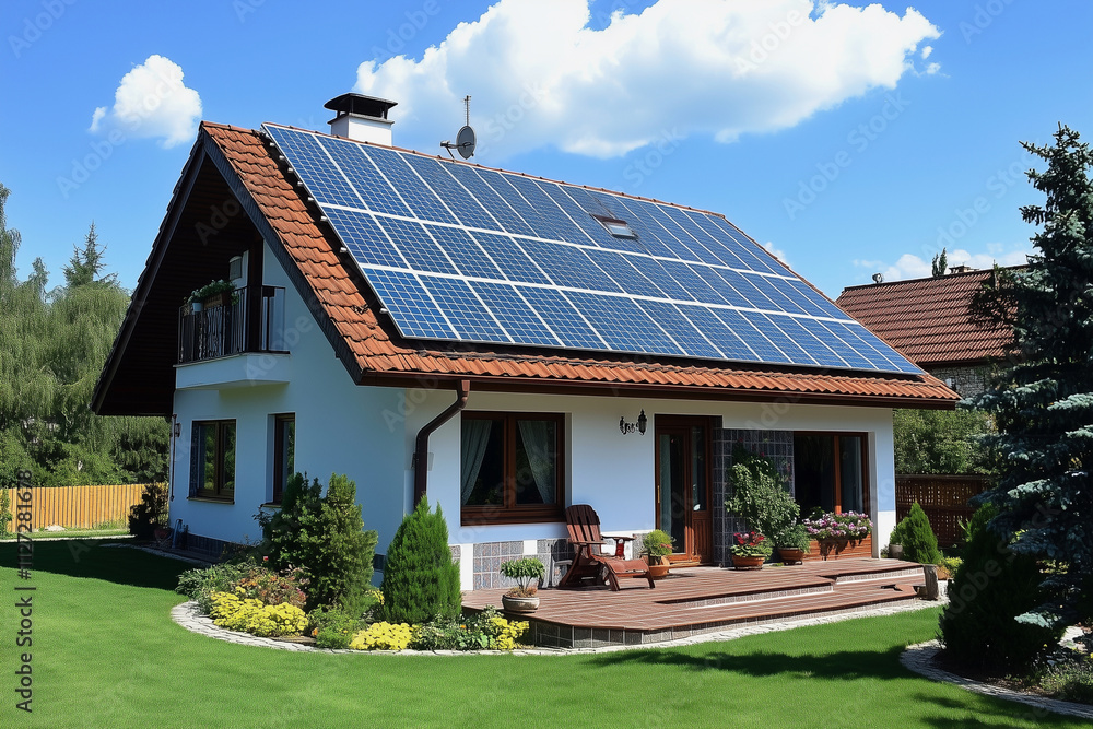 house with a red roof and a solar panel system on top. The roof is made of tiles and the solar panels are installed on the roof house with a red roof and a solar panel system on top. The roof is made of tiles and the solar panels are installed on the roof