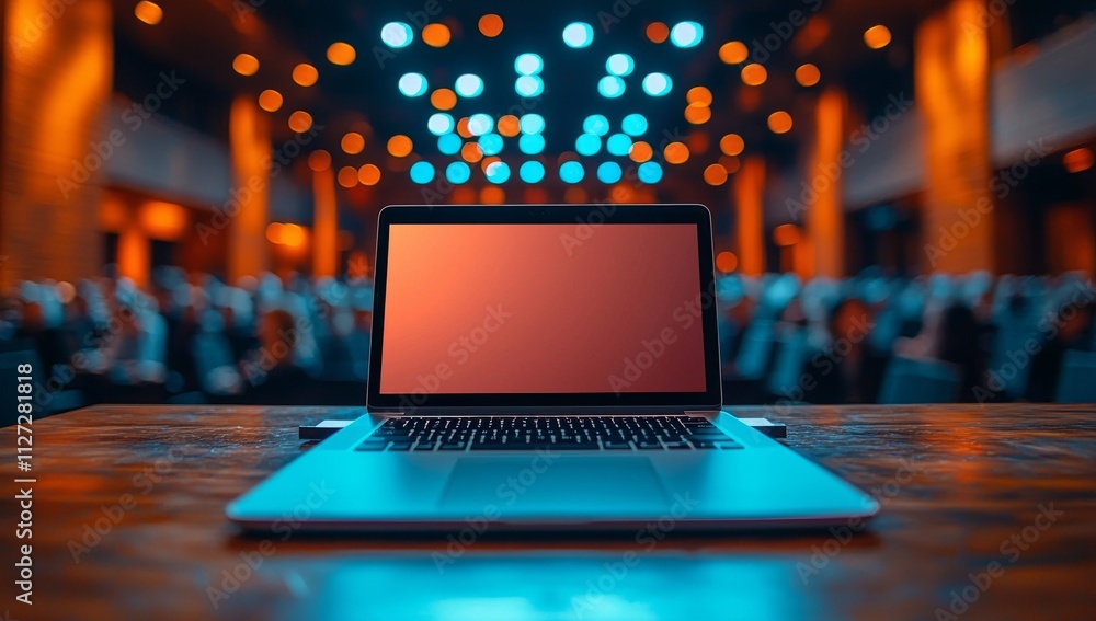 A table holds a laptop, while a fuzzy crowd is discernible behind it. A table holds a laptop, while a fuzzy crowd is discernible behind it.