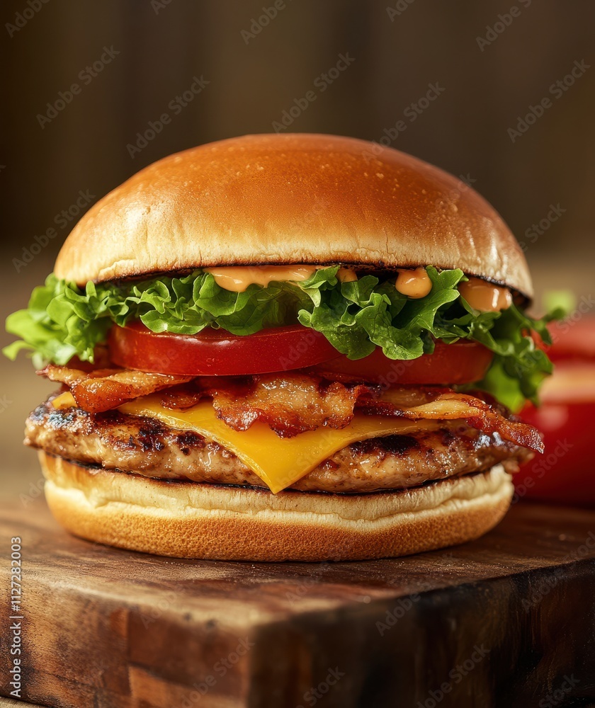 Juicy Hamburger with Bacon, Cheddar Cheese, Fresh Lettuce, Sliced Tomato, and Special Sauce Served on a Fluffy Bun against a Rustic Wooden Background Juicy Hamburger with Bacon, Cheddar Cheese, Fresh Lettuce, Sliced Tomato, and Special Sauce Served on a Fluffy Bun against a Rustic Wooden Background
