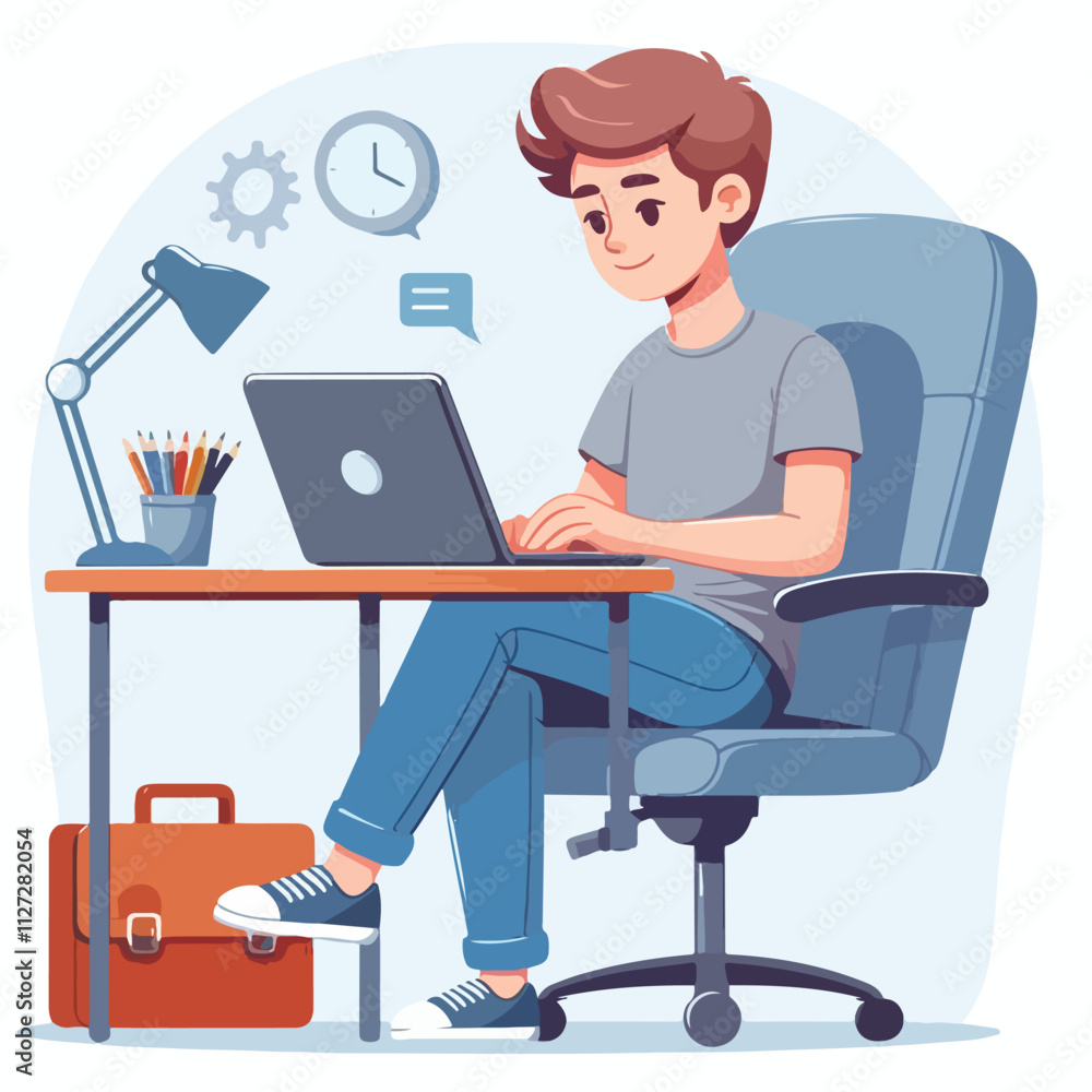 a boy is using his laptop vector a boy is using his laptop vector